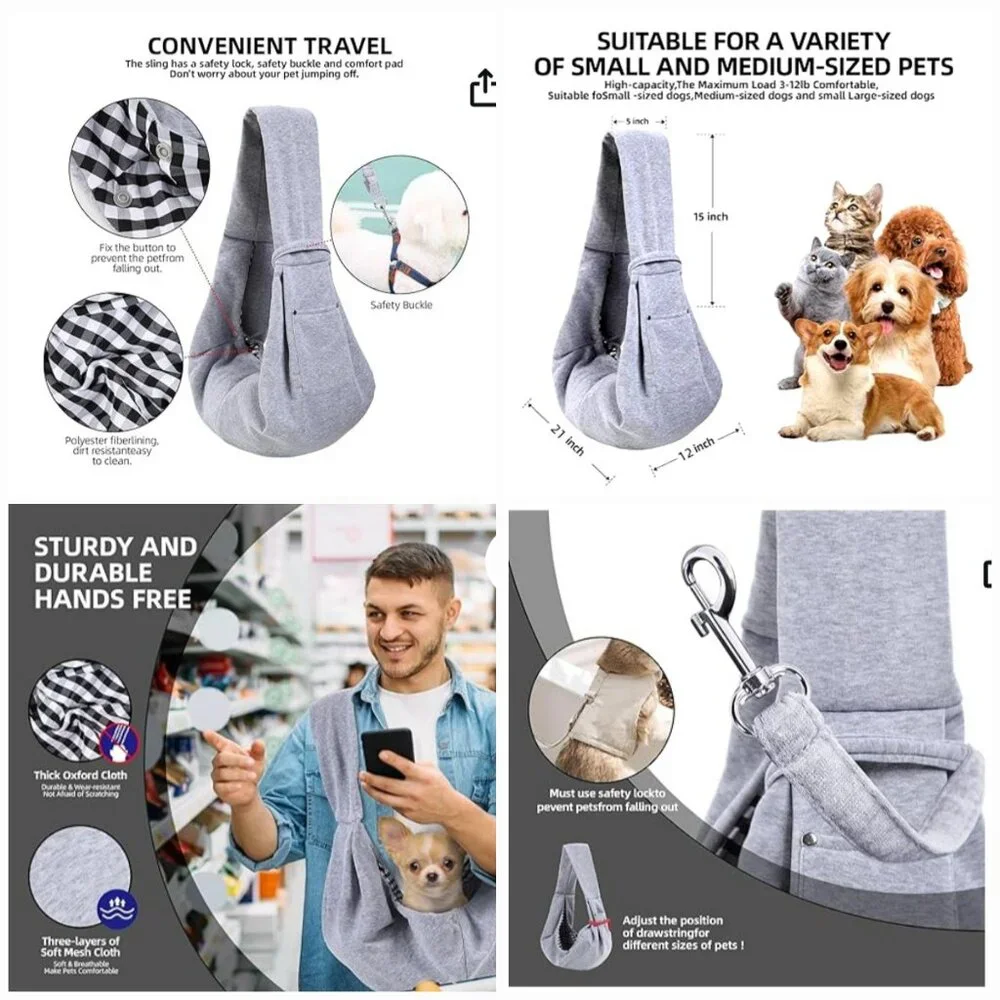 PET CARRIER SLING HAND-FREE REVERSIBLE HARNESS GRAY & GINGHAM PATTERN
